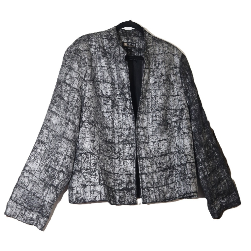 Toni Morgan Womens XL Metallic Silver Black Crackle Open Front Jacket Evening